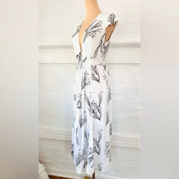 Free People Floral Retro Midi Dress Ivory Deep V Faux Wrap Cap Sleeve - Picture 8 of 14
